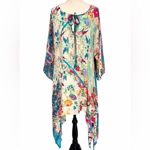 Johnny Was Floral Sheer Blouse in Cream, Teal & Pink